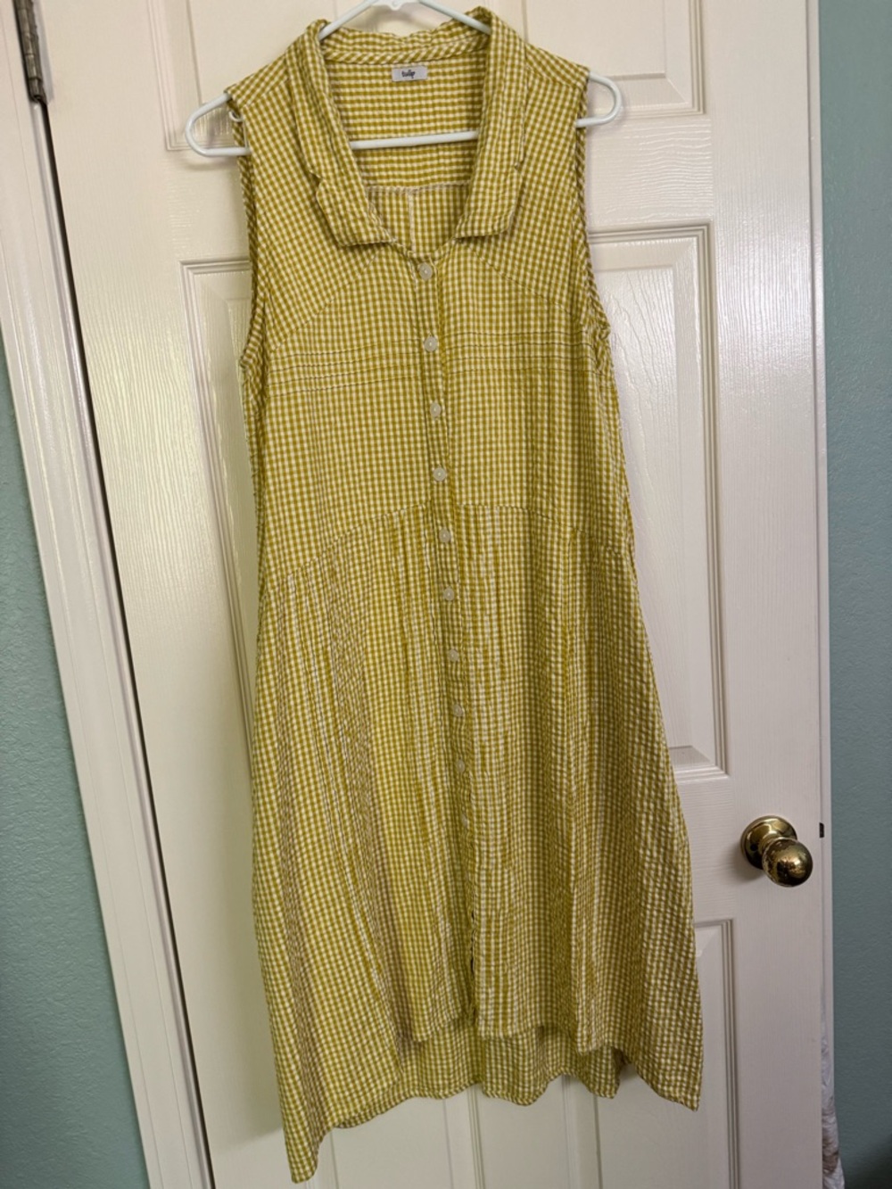 Collared Yellow Gingham Midi Dress with Button Front